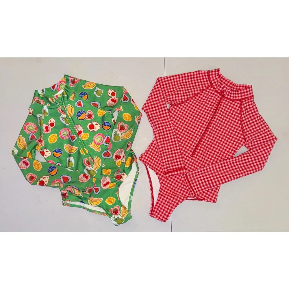 Cotton On Kids Swimsuit Set Girls 6 Green Red Fruit Gingham Long Sleeve 2pc